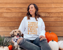 Load image into Gallery viewer, Flannels Hayrides Pumpkins S'mores Bonfires & Leaves Unisex Sweatshirt