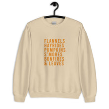 Load image into Gallery viewer, Flannels Hayrides Pumpkins S'mores Bonfires & Leaves Unisex Sweatshirt