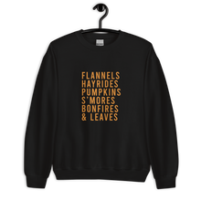 Load image into Gallery viewer, Flannels Hayrides Pumpkins S'mores Bonfires & Leaves Unisex Sweatshirt
