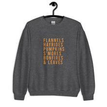 Load image into Gallery viewer, Flannels Hayrides Pumpkins S'mores Bonfires & Leaves Unisex Sweatshirt