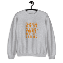 Load image into Gallery viewer, Flannels Hayrides Pumpkins S'mores Bonfires & Leaves Unisex Sweatshirt