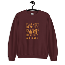 Load image into Gallery viewer, Flannels Hayrides Pumpkins S'mores Bonfires & Leaves Unisex Sweatshirt