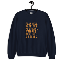 Load image into Gallery viewer, Flannels Hayrides Pumpkins S'mores Bonfires & Leaves Unisex Sweatshirt