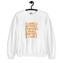 Load image into Gallery viewer, Flannels Hayrides Pumpkins S'mores Bonfires & Leaves Unisex Sweatshirt