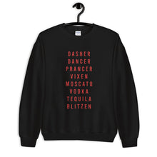 Load image into Gallery viewer, Santa's Reindeer Names Alcohol Unisex Christmas Sweatshirt