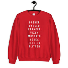 Load image into Gallery viewer, Santa's Reindeer Names Alcohol Unisex Christmas Sweatshirt