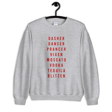 Load image into Gallery viewer, Santa's Reindeer Names Alcohol Unisex Christmas Sweatshirt