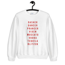 Load image into Gallery viewer, Santa's Reindeer Names Alcohol Unisex Christmas Sweatshirt
