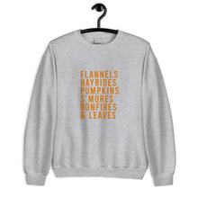 Load image into Gallery viewer, Flannels Hayrides Pumpkins S&#39;mores Bonfires &amp; Leaves Unisex Sweatshirt
