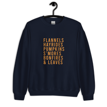 Load image into Gallery viewer, Flannels Hayrides Pumpkins S&#39;mores Bonfires &amp; Leaves Unisex Sweatshirt
