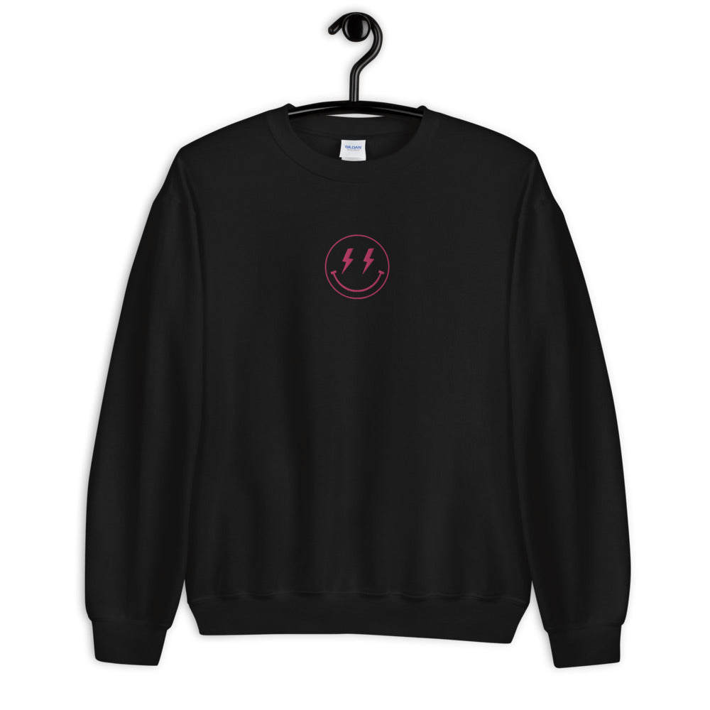 Hot Pink Lightning Bolt Smile Embroidered Unisex Sweatshirt